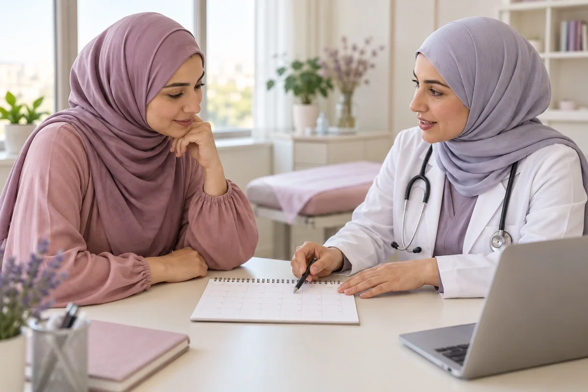 امرأة محجبة تناقش سجل مواعيدها مع طبيبة محجبة