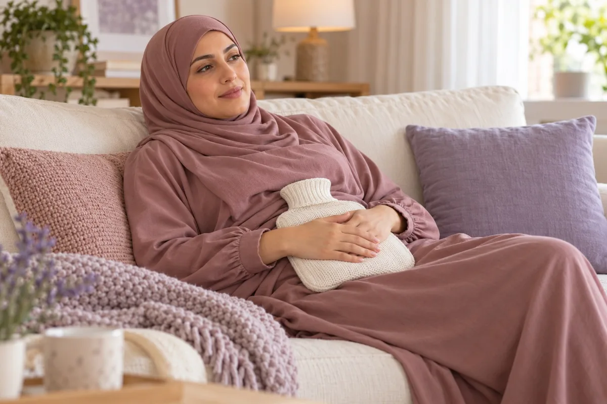 امرأة محجبة تستريح وتضع قربة دافئة مغطاة فوق ملابسها