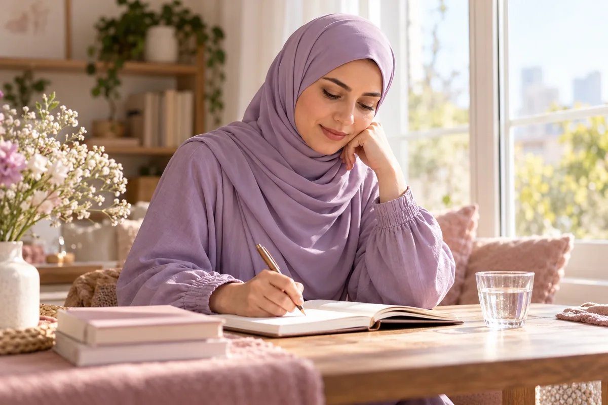 امرأة محجبة تدون ملاحظاتها بهدوء قرب نافذة مضيئة